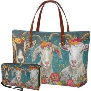 Women Neoprene Leather Multicolor Tote Shoulder Satchel Wallet 2pcs Set